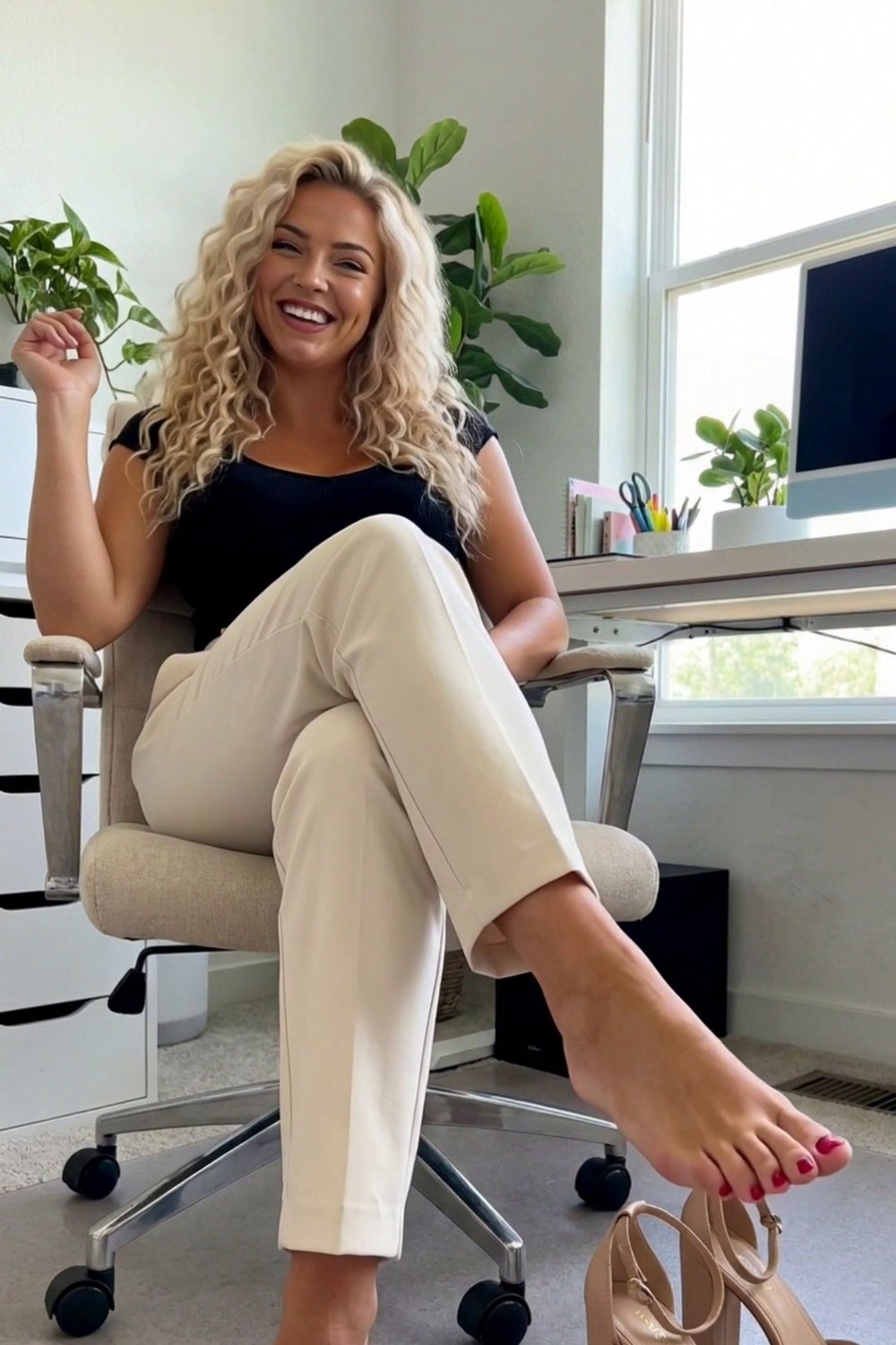 Shauna leaning back in her office chair, barefoot, nude heels on the floor